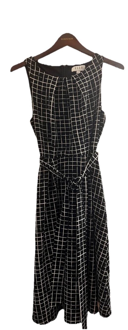Elle Womens Black Sleeveless Black and White Belted Dress Size 4 Work or Casual